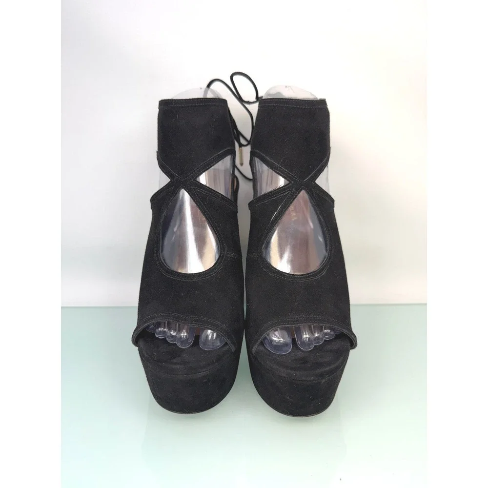 Aquazzura Ultra High Platform Block Heels Sz 37 Black Suede Lace Up Italy Glam